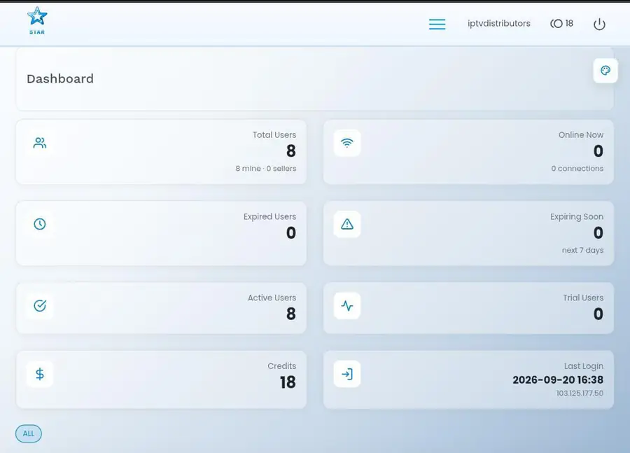 StarShare IPTV reseller panel dashboard